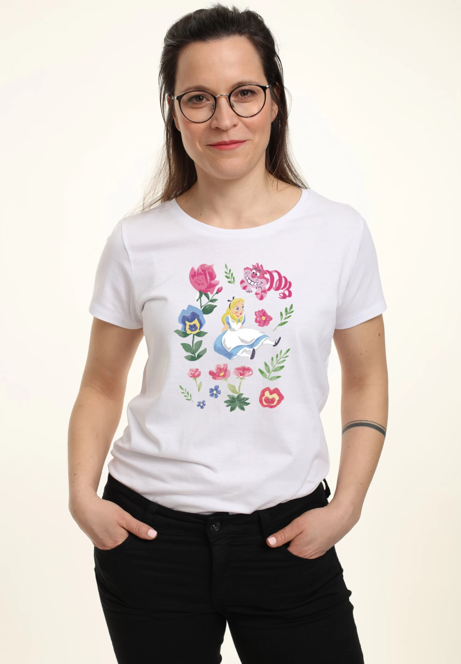 Disney Alice In Wonderland Alice Friends Flowers - T-Shirt Print - White