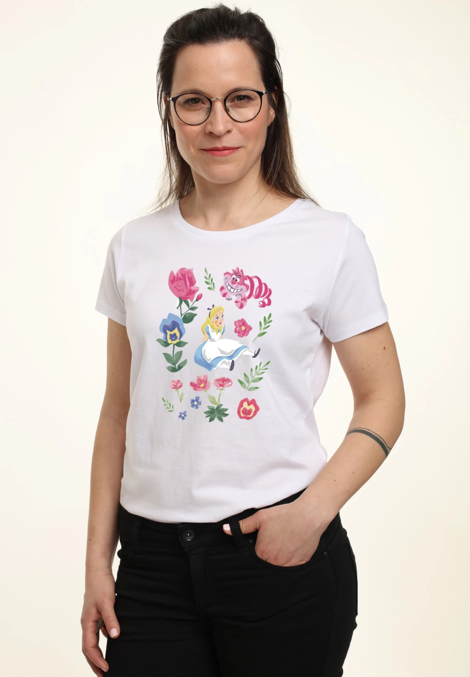 Disney Alice In Wonderland Alice Friends Flowers - T-Shirt Print - White - Afbeelding 3
