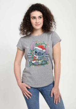 Disney Classics Stitch Xmas Lights - T-Shirt Print - Melange Grey
